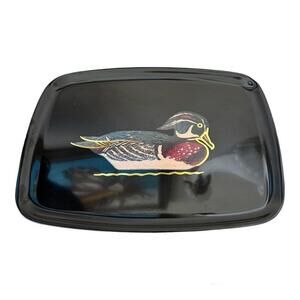 Vintage Couroc Wood Duck Decorative Tray 12.5” Mid Century Inlaid Brass Resin